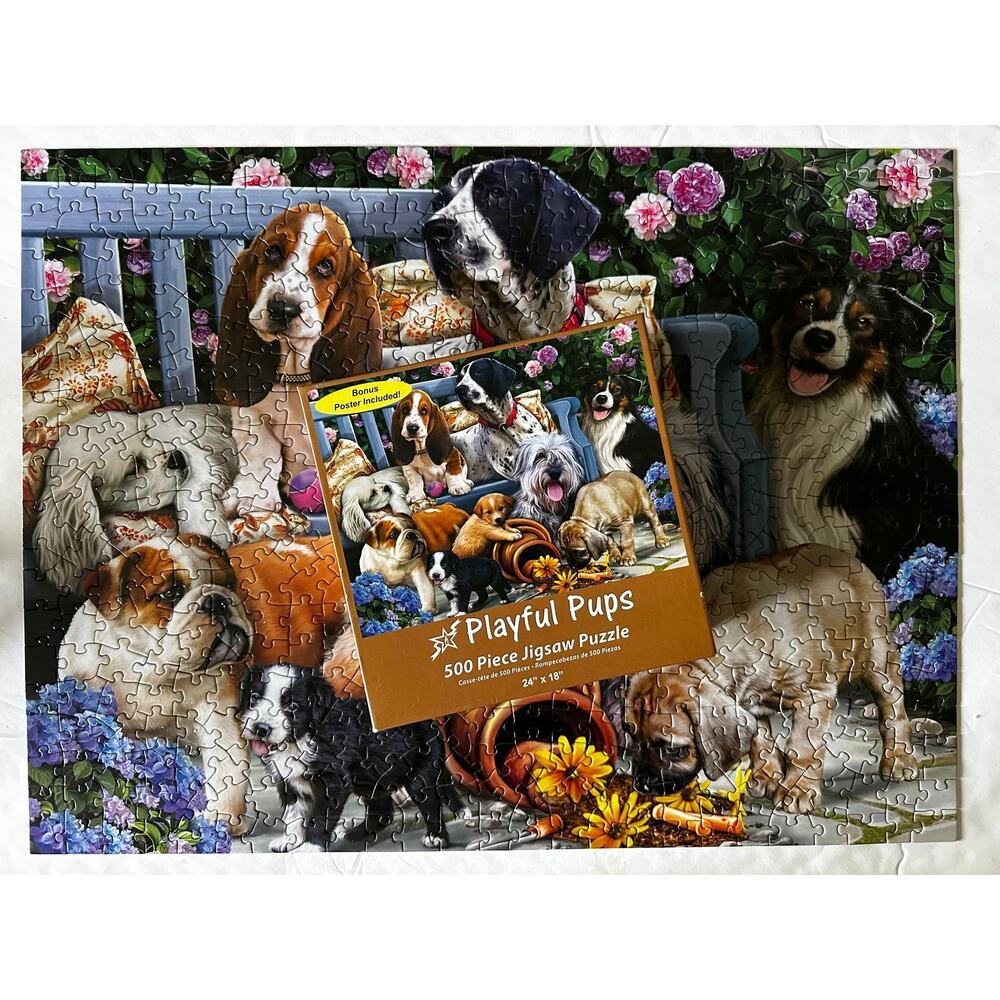 Playful Pups 500 Piece Jigsaw Puzzle 24" x 18" With Poster